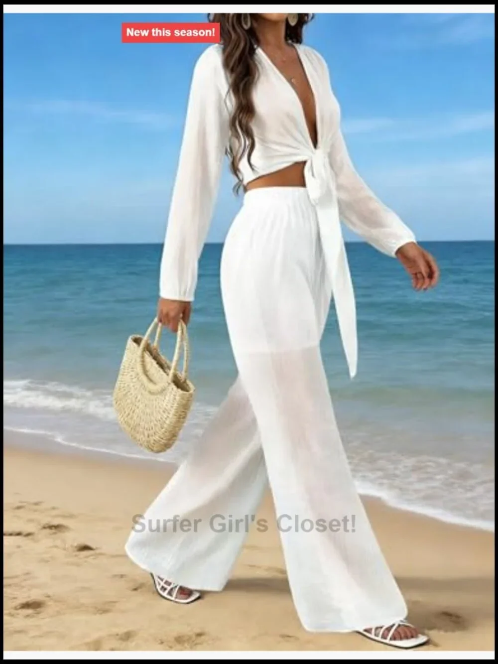 Women's 2 Piece Swim Cover Up Set Long Sleeve Tie Sheer Top Pant